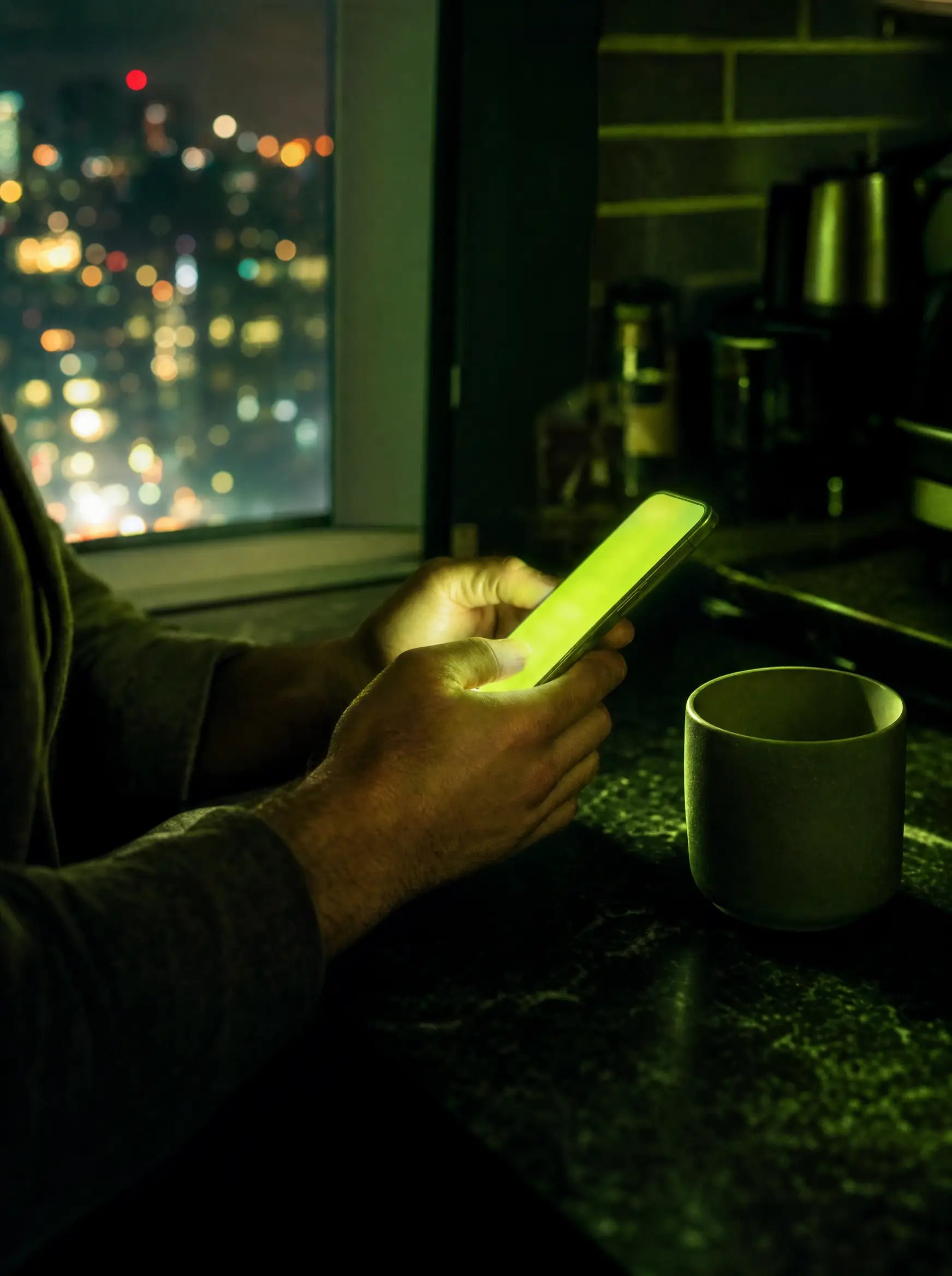 Hands holding a glowing phone at a kitchen counter at night