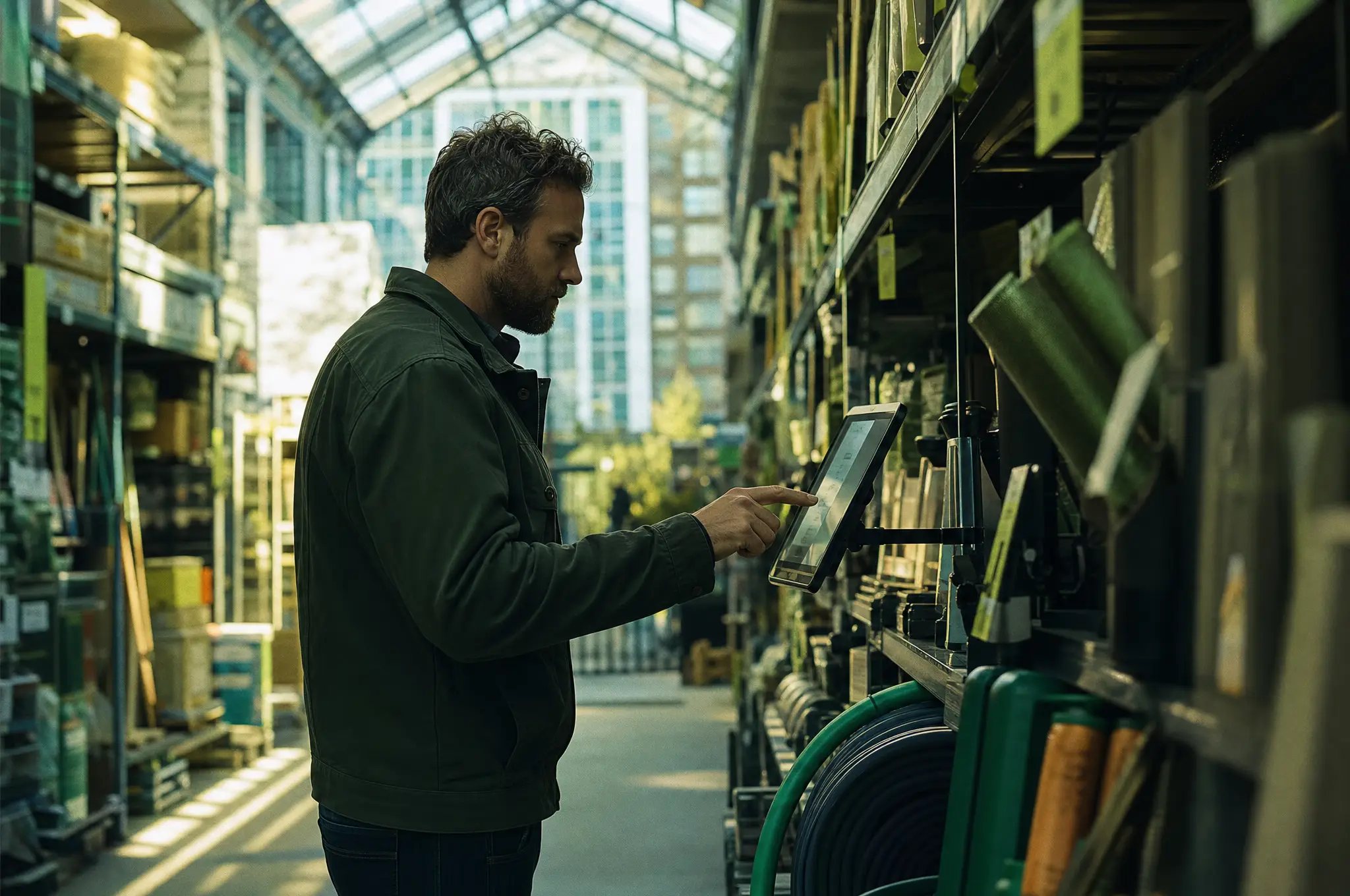 A man checking a tablet in a hardware store aisle