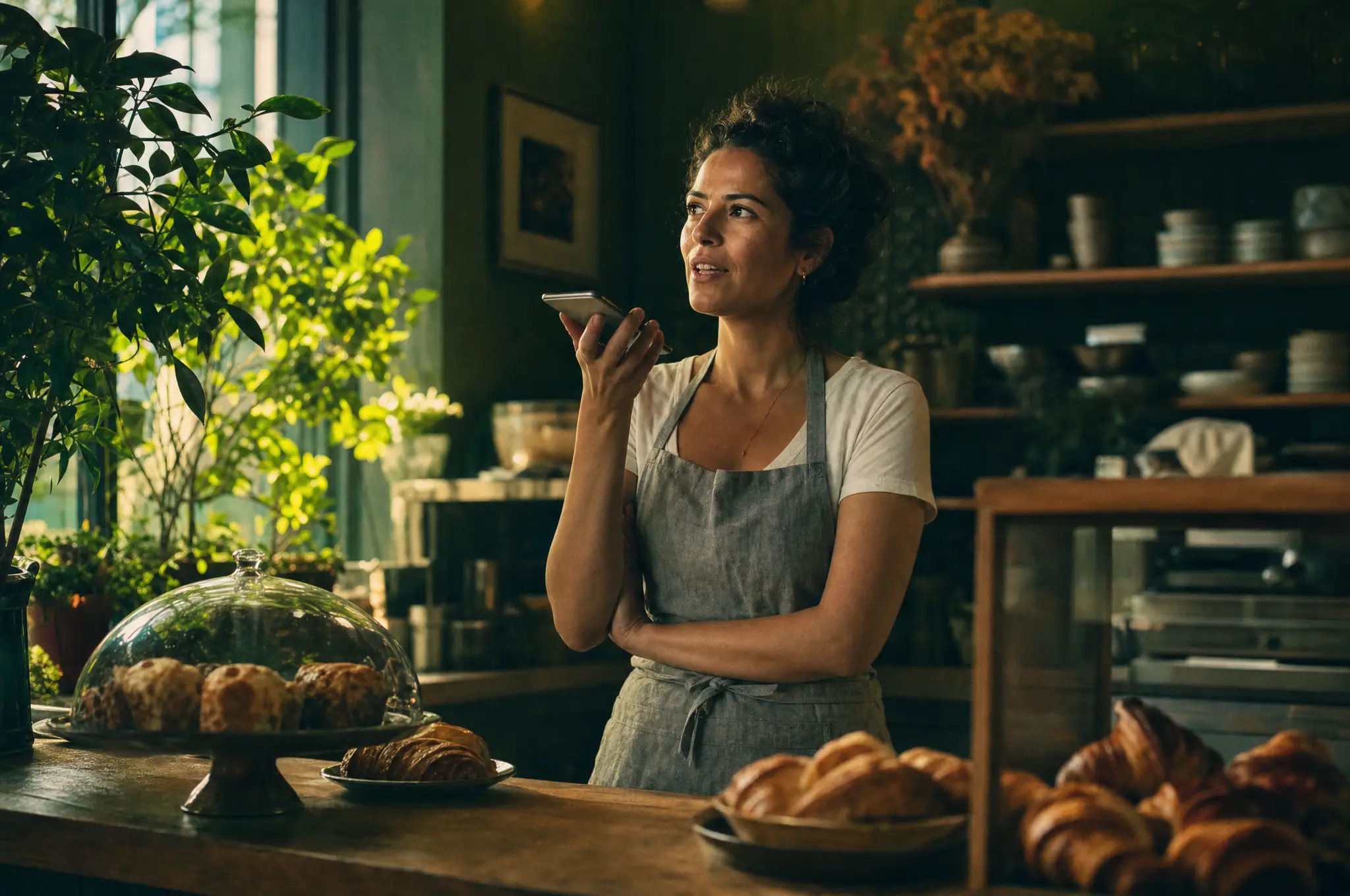A bakery owner asking her phone a question at the counter