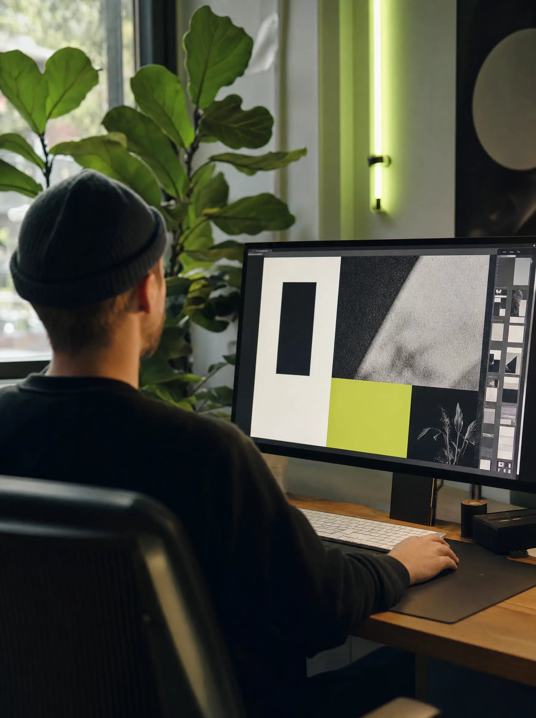 A designer at a monitor working on a bold website layout