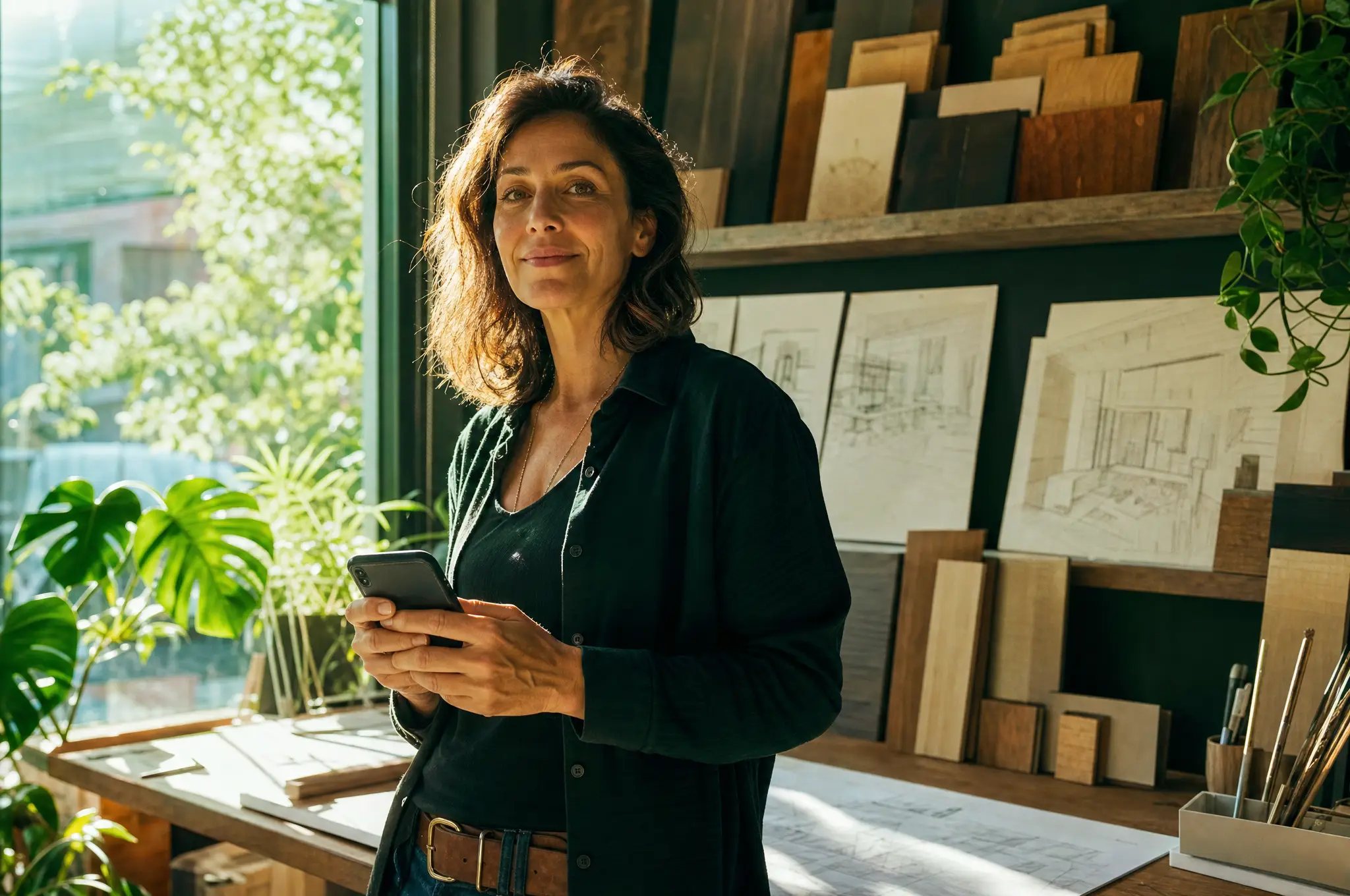 A Toronto studio owner in her workshop, checking her phone