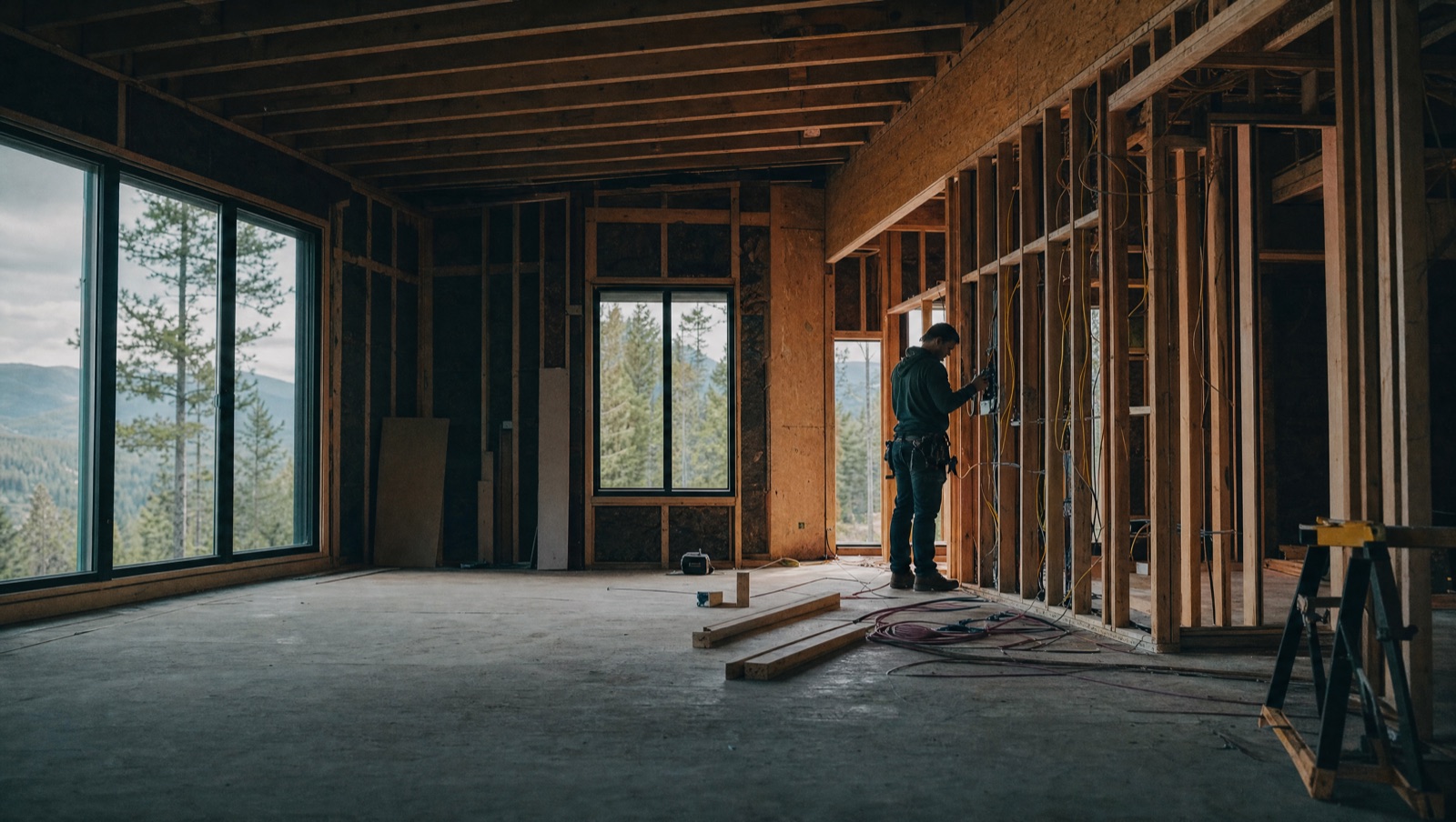 A confident tradesperson standing in front of a modern home on a job site