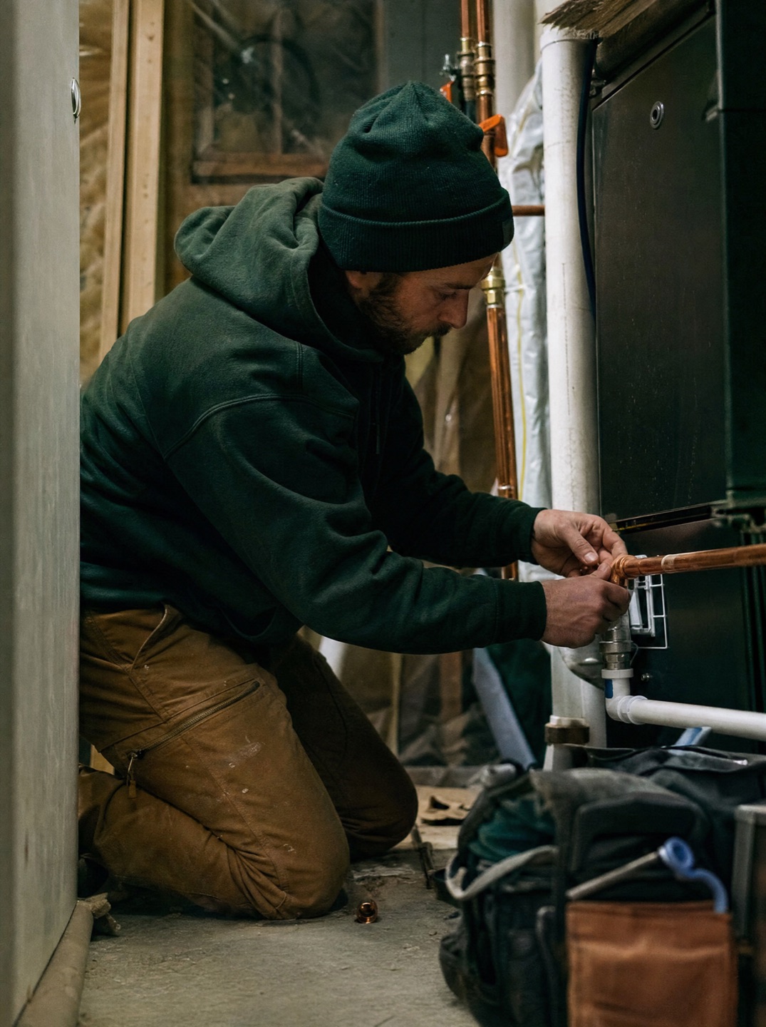 A tradesperson at work connecting piping at a home furnace